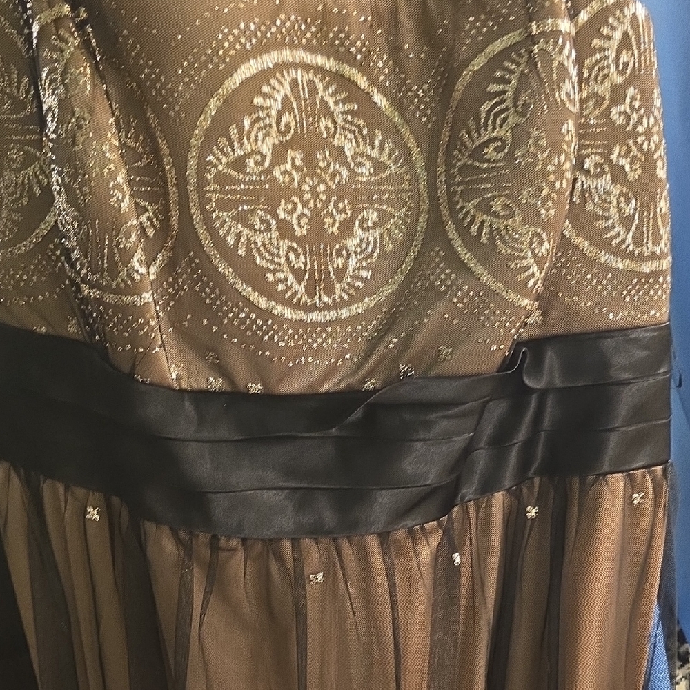 R&M Richards Gold and Black Prom Dress